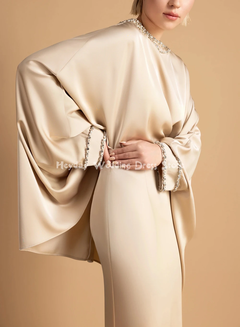 Heyday personalizado feminino o-pescoço frisado vestidos de noite de luxo com mangas compridas sereia até o chão vestidos elegantes 2025