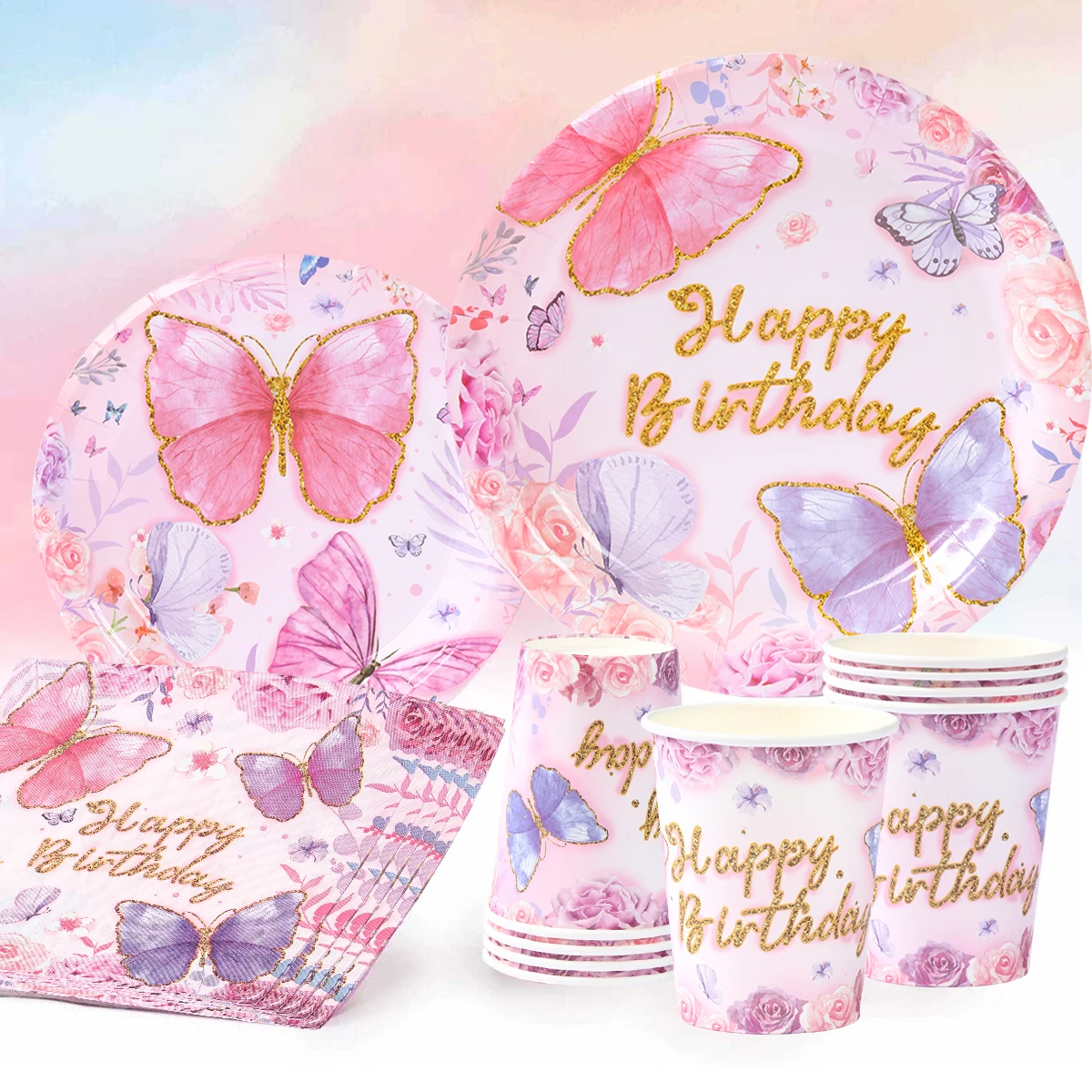 Butterfly Theme Disposable Tableware Butterfly Birthday Party Decorations Kids 1st Birthday Party Supplies Baby Shower Girl