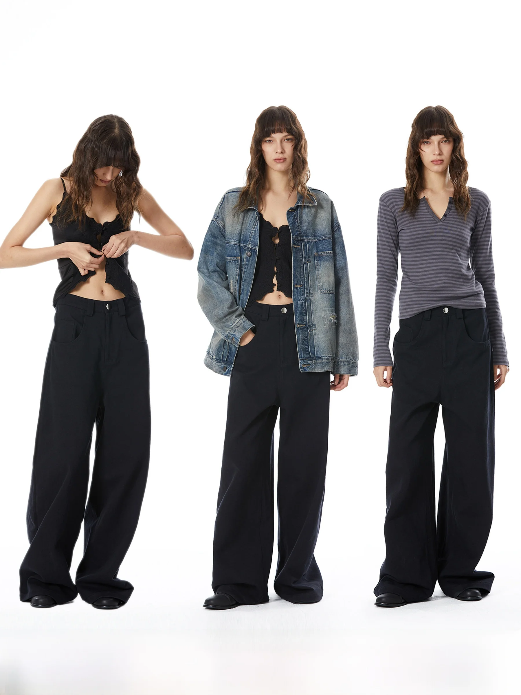 

Black Supermodel God Pants Retro Simple Pure Color Wide Leg Straight Jeans Casual Long Trousers Denim Natural Waist Zipper