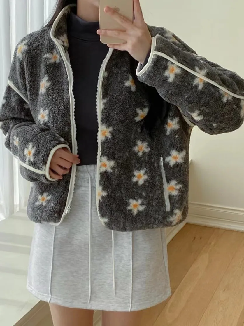 세련된 빈티지 겨울 따뜻한 플로럴 프린트 퍼리 지퍼 코튼 재킷 롱 슬리브 루즈 아우터웨어 20대 여성용