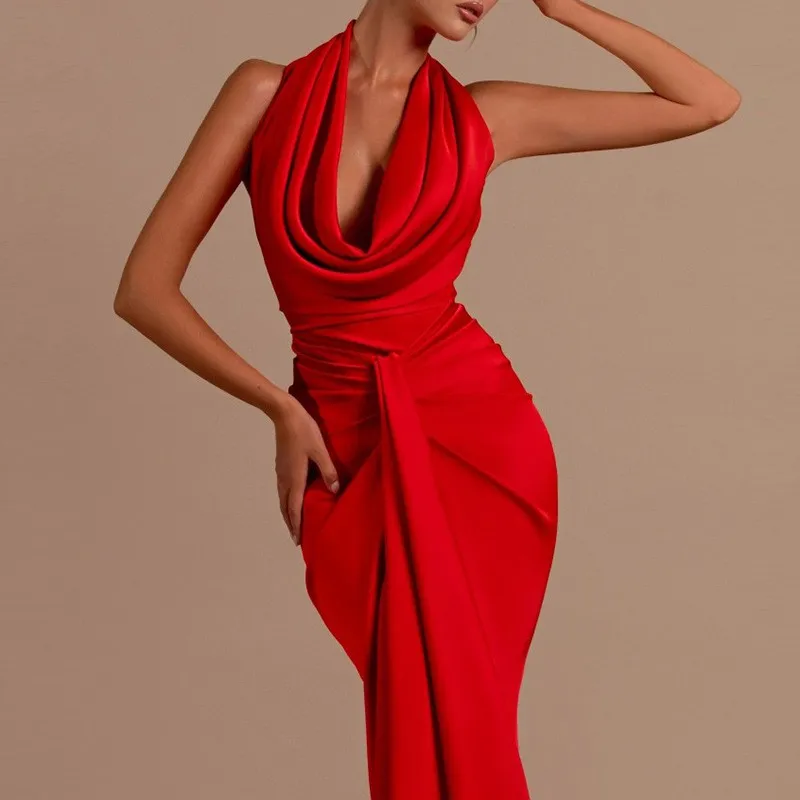 

Sexy Long Red Dr Hanging Ne Bal Slim Design Women's Summer Faionable Casual High Waist Polyester Fiber Skirt