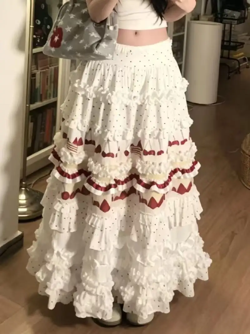High-end Sweet Patchwork Polka Dot Chiffon Long Skirts Y2K Skirt Women High Waist Multi-Layer A-line Flower Print Skirt Harajuku view 5