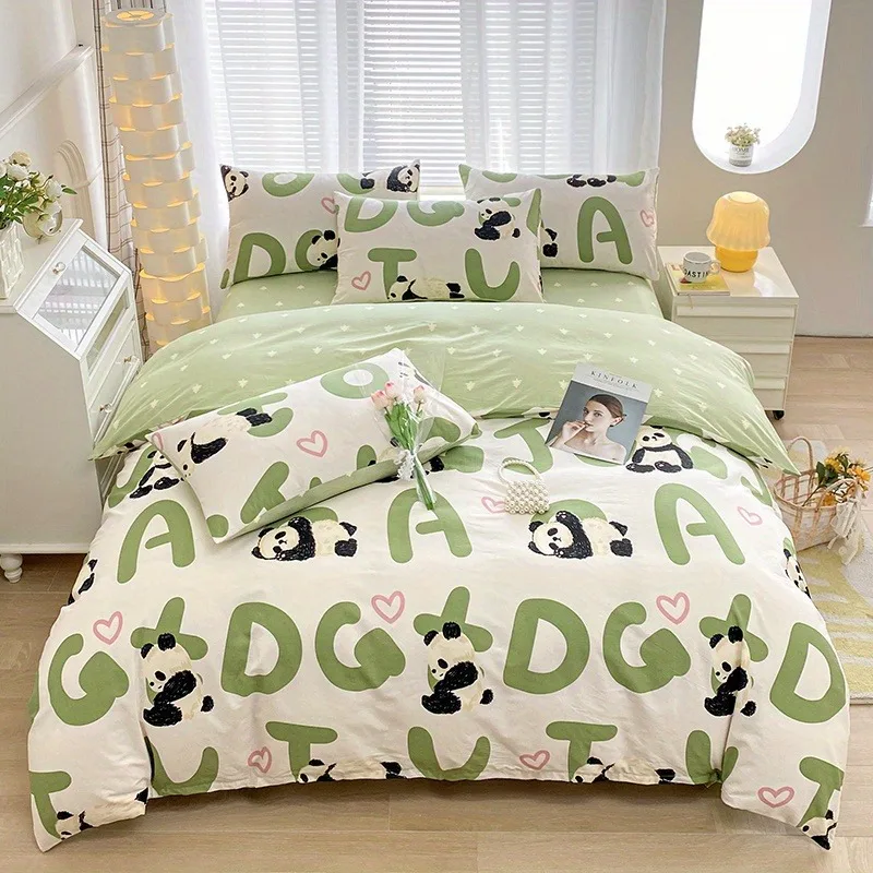 Cute Panda Letter Print Bedding Set Reversible Green Star Duvet Cover Set Pillowcase Cartoon Kids Bedroom Bed Linen