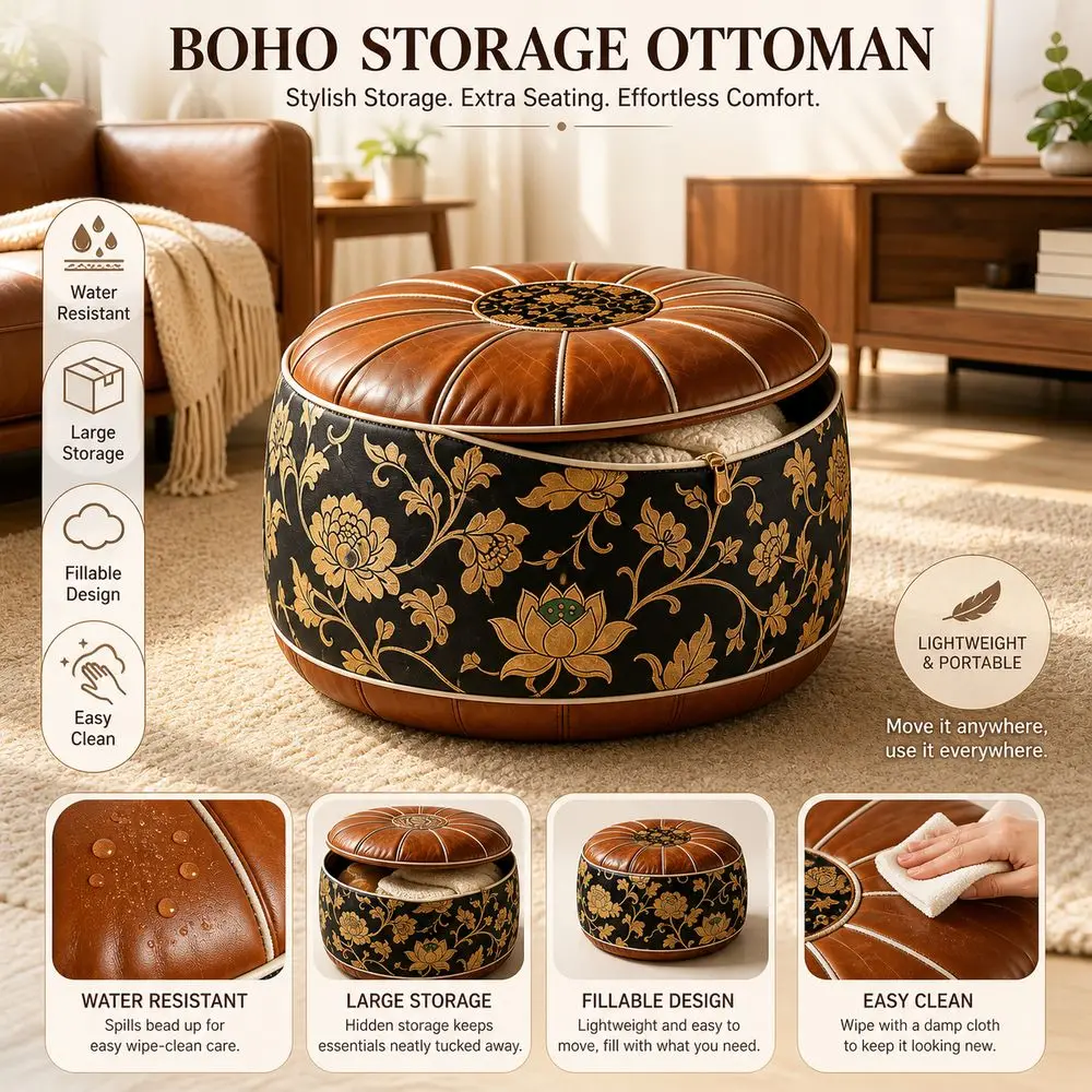 Boho Pattern Ottoman Pouf PU Leather Fillable Design Footstool Cover Large Opening Water Resistant Floor Seat Cushion