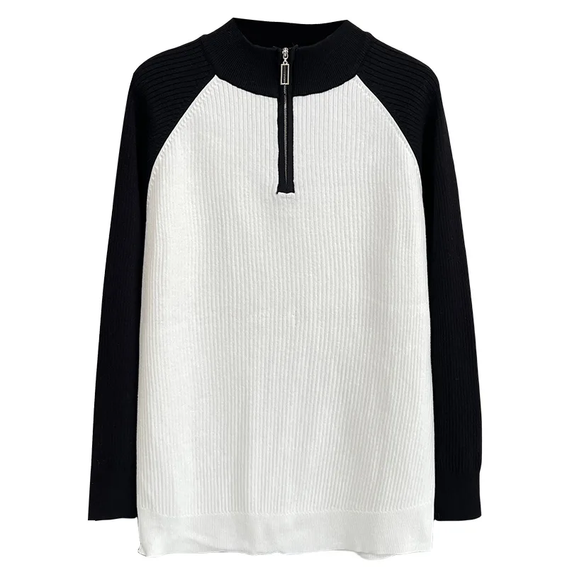 

100KG Early Spring Fashion Block Color Half Zip Mock Neck Knit Sweater Plus Size Women's Casual Pullover Top 2179