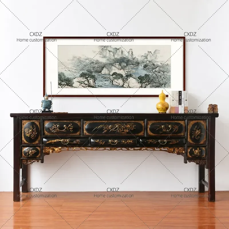 Retro Solid Wood Strip Console Table New Chinese Style Entryway Cabinet Multi Drawer Storage Unit Wall Mounted End View