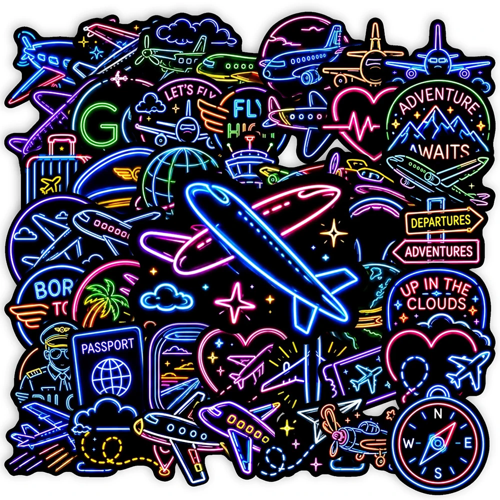 10/30/50pcs Neon Light Travel Flight Cartoon Stickers Waterproof Cool Graffiti Luggage Phone Car Cool Aesthetic DIY Sticker Toy