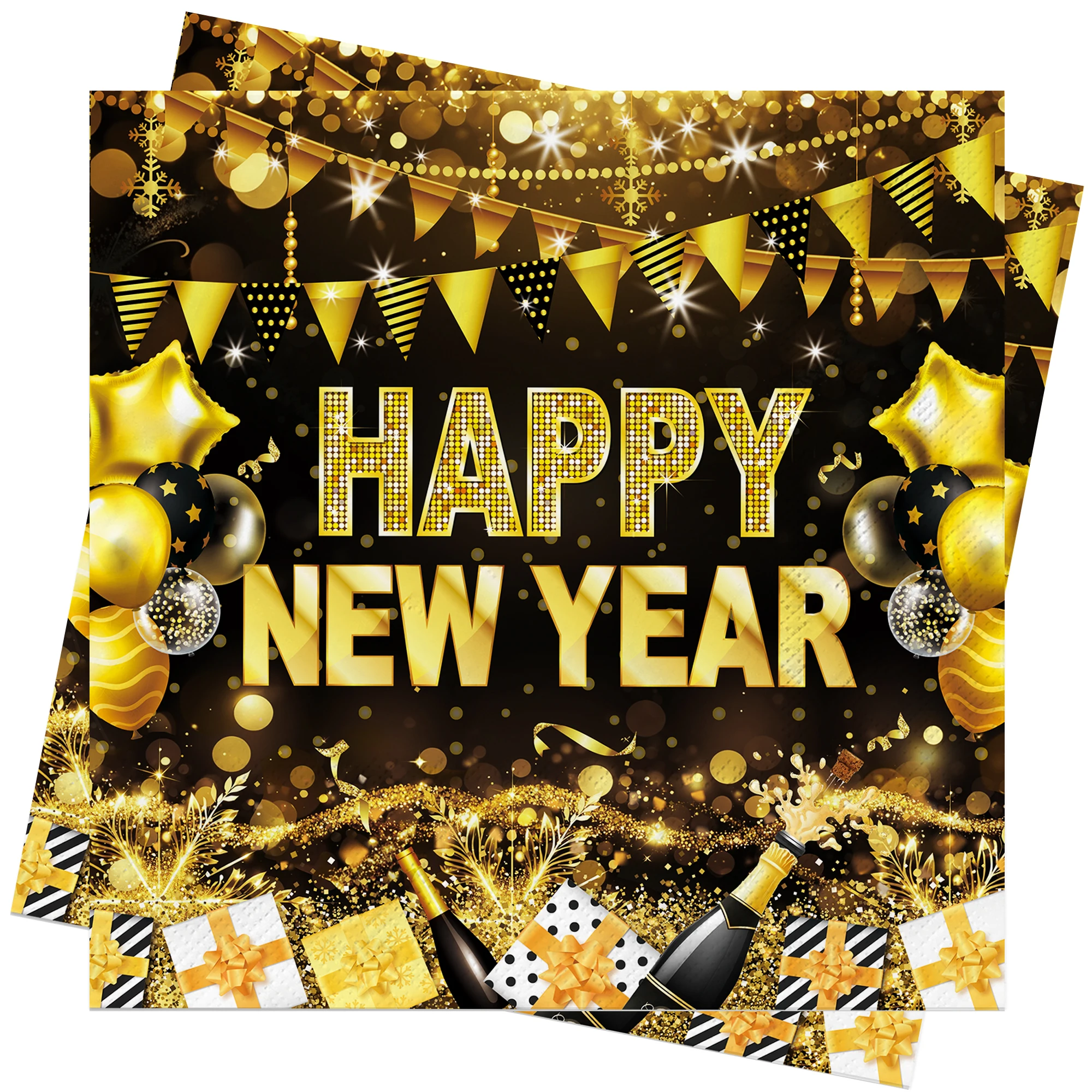 Frohes Neues Jahr, Servietten, schwarzgoldene Papierservietten, 33 x 33 cm, Einwegservietten, perfekt für Silvesterpartys, Dekorationen