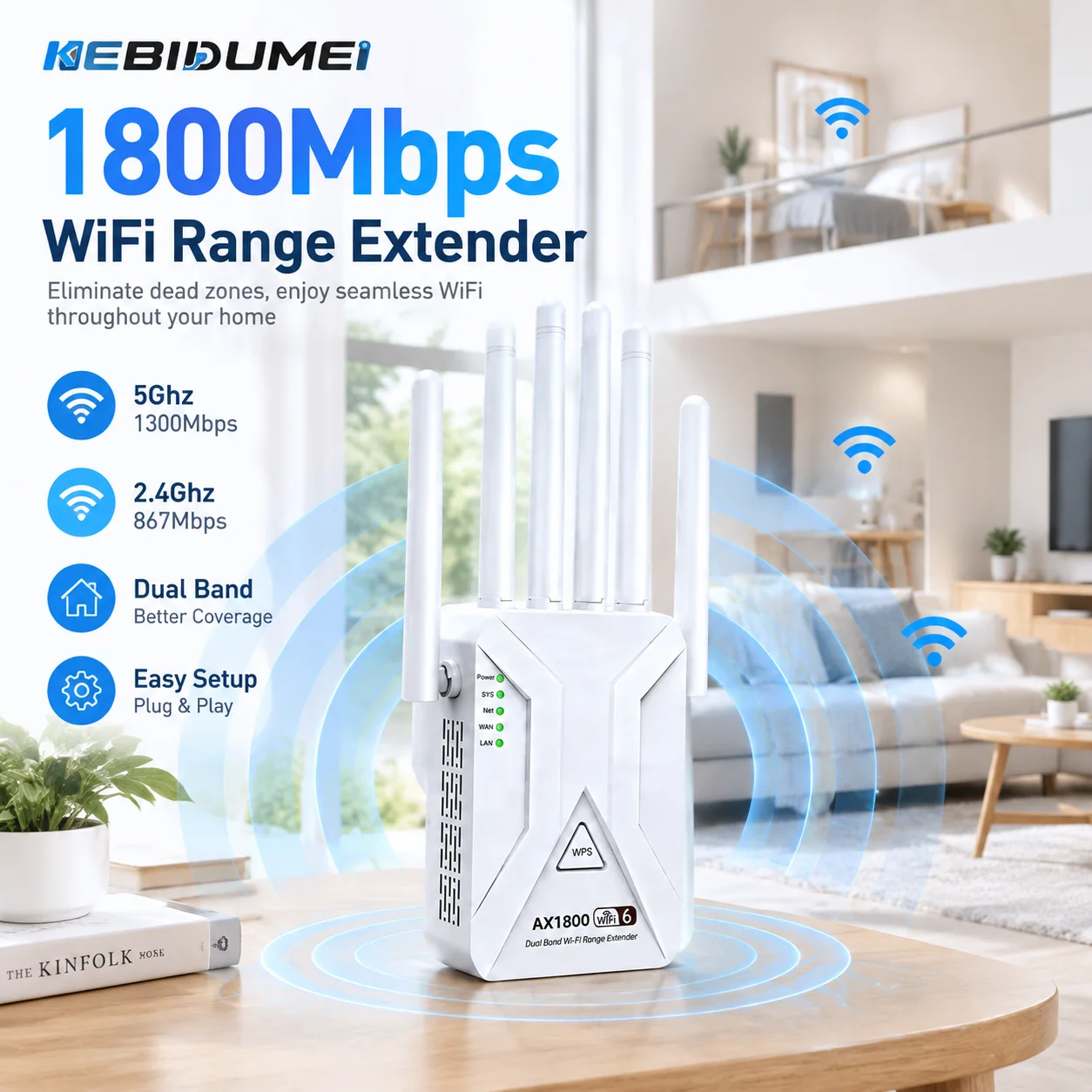 KEBIDUMEI AX1800 WiFi 6 Extender Dual Band 1800Mbps Signal Booster Repeater 5GHz 2.4GHz High Speed Wireless Internet Amplifier