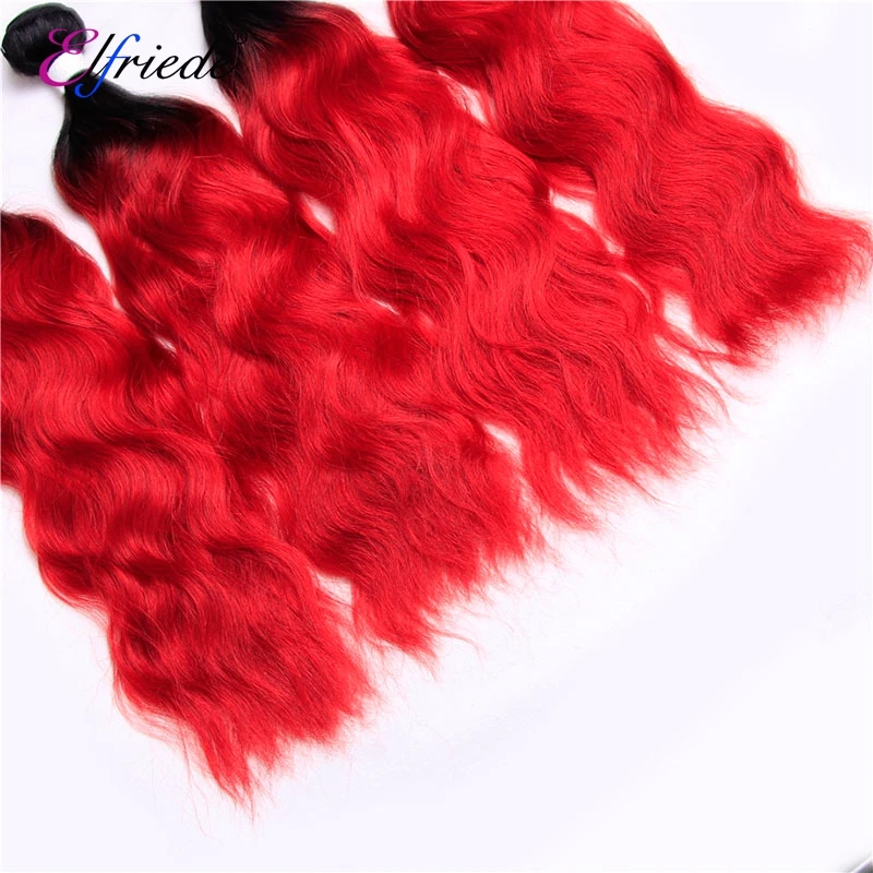 Elfriede # T1B/merah gelombang alami Ombre bundel rambut berwarna dengan penutup 100% rambut manusia tenun 3 bundel dengan renda penutup 4x4