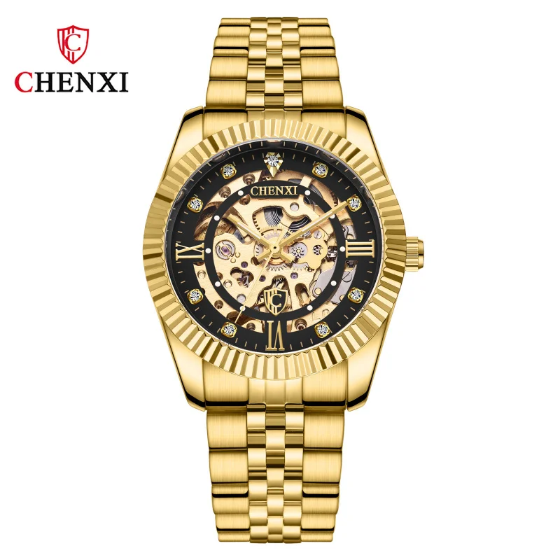 Kostenloser Versand outlet schenxi klassische automatische mechanische Uhr golden für Männer massiver Stahl gürtel ausgehöhlter Diamant transparent bo