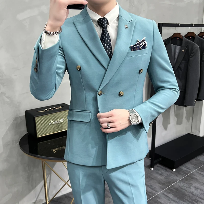 (Jackets+Vest+Pants) Men Spring High Quality Business Suits Male Slim Solid Color Double Breasted Groom\'s Wedding Dress Blazes