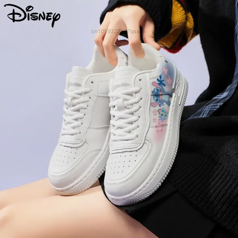 Disney Stitch Cute Cartoon sznurowane białe buty Y2k moda damska sportowe trampki pogrubione podeszwa buty deskorolkowe szkolna