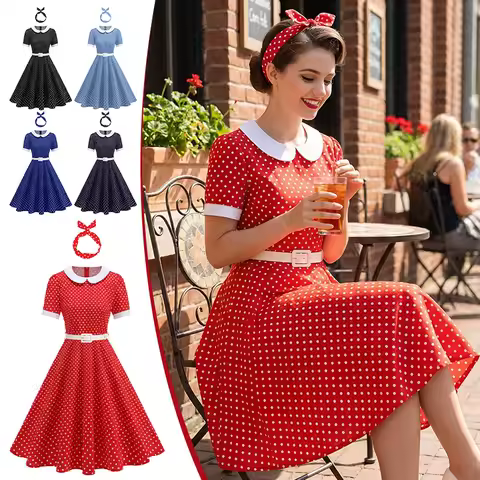 50 60s Women Retro Lapel Polka Dot Dress With Belt Rockabilly Evening Party Cocktail Elegant Lady Clothes Dress