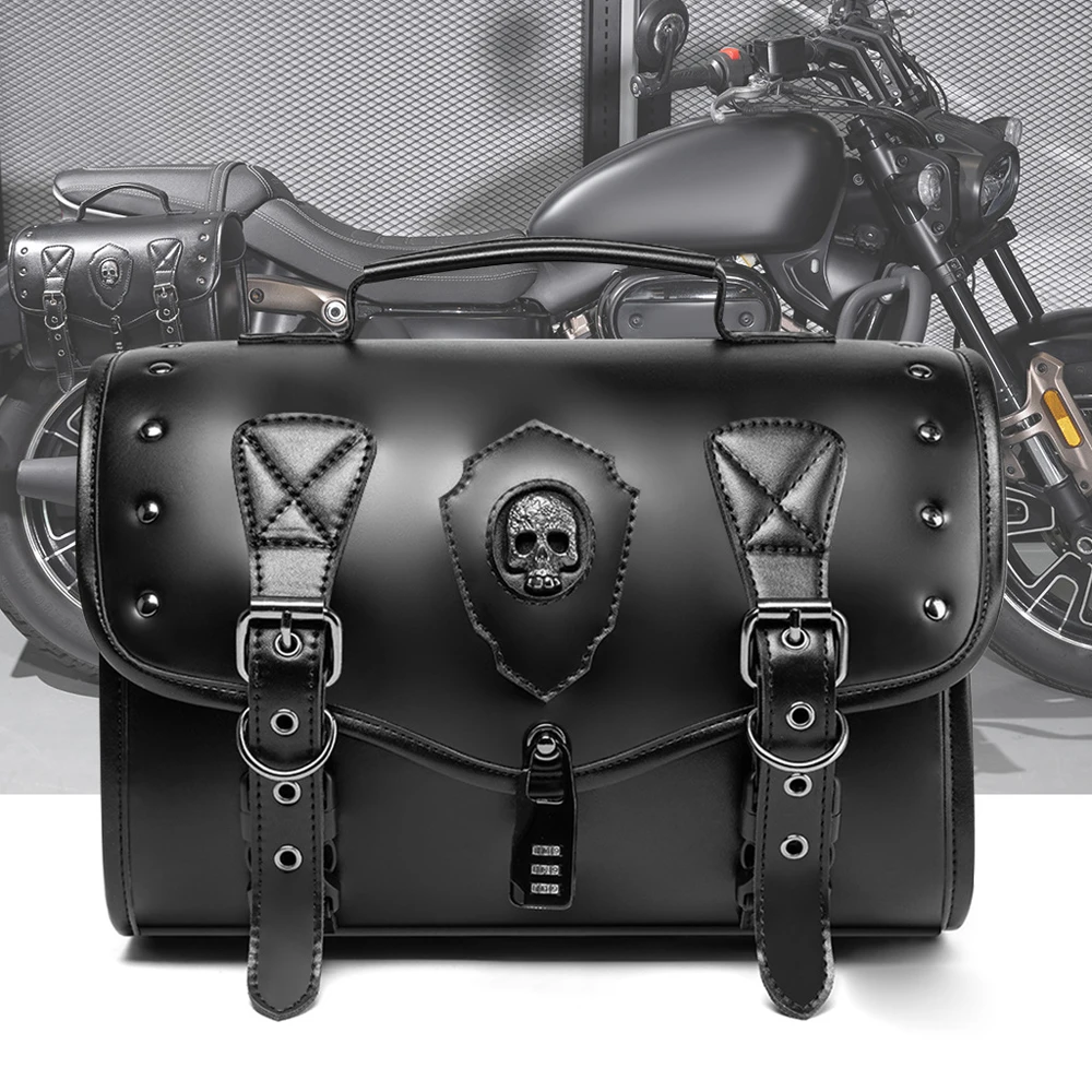 SHELKSBAG Retro Punk Universal Motorcycle Saddle Bags with Password Anti-theft Messenger Bag PU Leather Skull Side Tool Bag