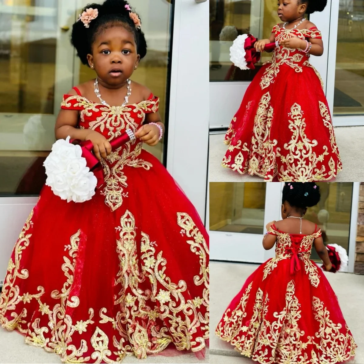 

Красные платья для девочек-цветочниц на свадьбу, золотые кружевные аппликации, длиной до пола, платье для девочек для фотосессии, платья для первого причастия по индивидуальному заказу