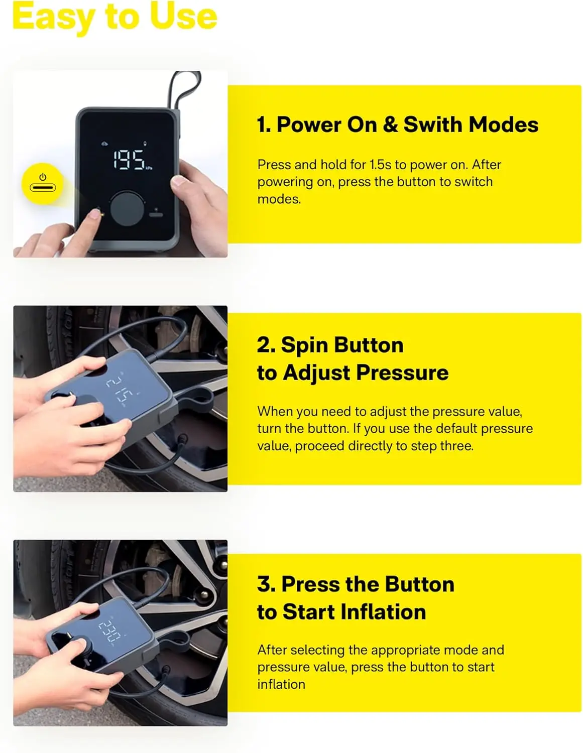 Portable Electric Air Pump with Digital Gauge, 120PSI for Car Motorcycle Bike Ball, Cordless Fast Inflation