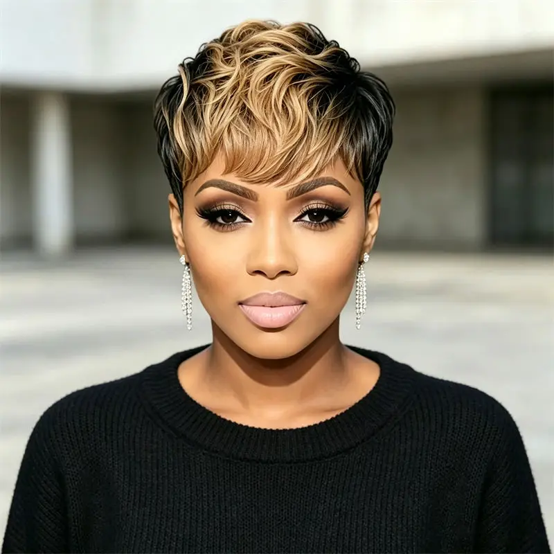 Pixie Cut Wig Full Machine Made Witg Bangs Black Blonde Curly Layer Real Human Hair Wig For Women Females Daily Gathering Wear