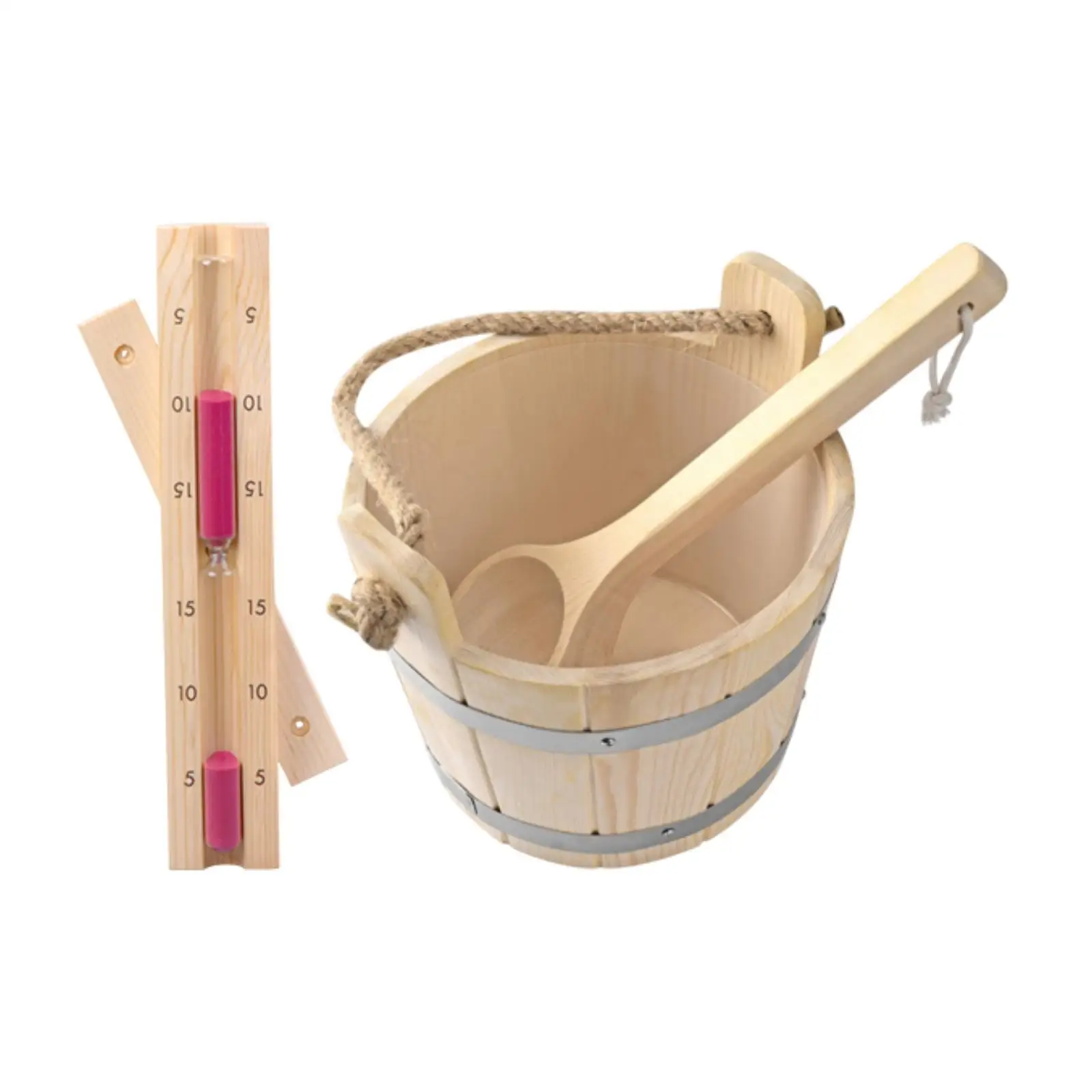 5L Wooden Sauna Barrel And Ladle Hourglass Wooden Spoon Hourglass Set Sauna Room Bucket With Ladle Accessories Kit Sturdy