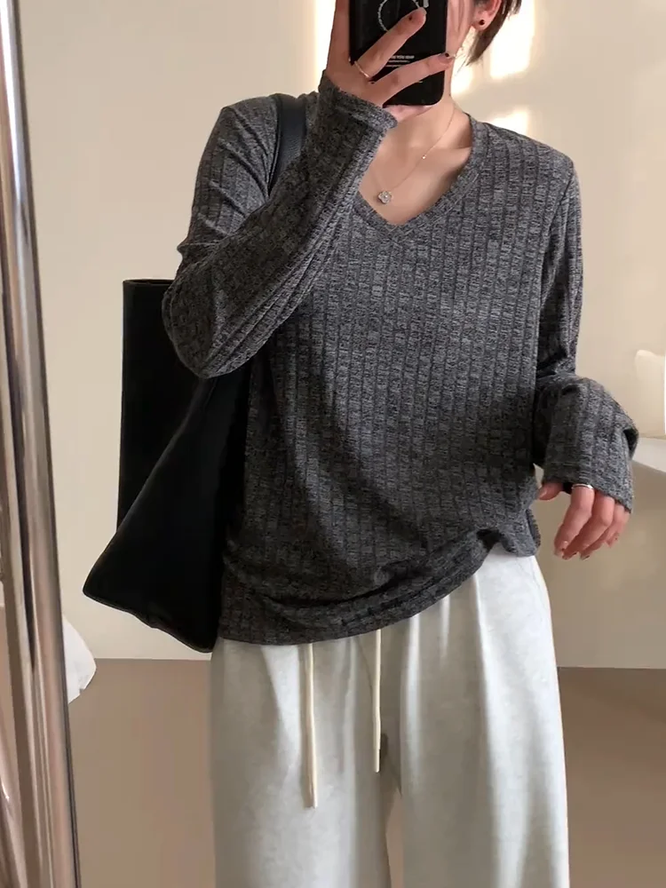 

Корейский высококачественный вязаный топ с V-образным вырезом, модный оверсайз для женщин, универсальный для осеннего сезона, стильный для повседневной носки