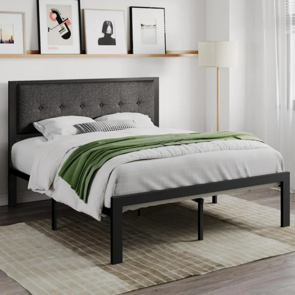 

Queen Metal Bed Frame with Upholstered Button Tufted Square Stitched Headboard, Noise Free, No Box Spring Needed, Easy Assembly