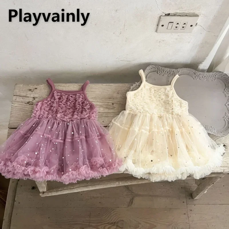 New Summer Baby Girls Mesh Dress Purple Apricot Star Moon Sequin Square Collar Sleeveless Sling Dresses Kids Clothes A24019