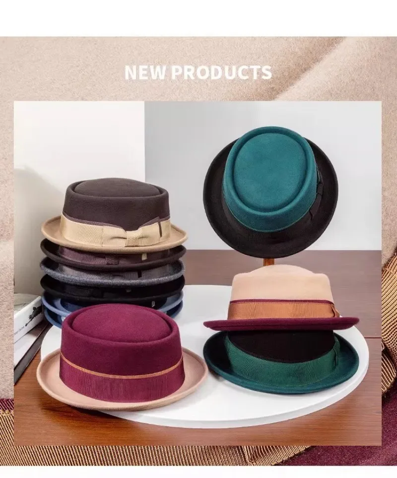 Contrast Color Fedora for Women & Men，Wool Felt Pork Pie Hat Unisex Short Brim Ribbon Dress Hat
