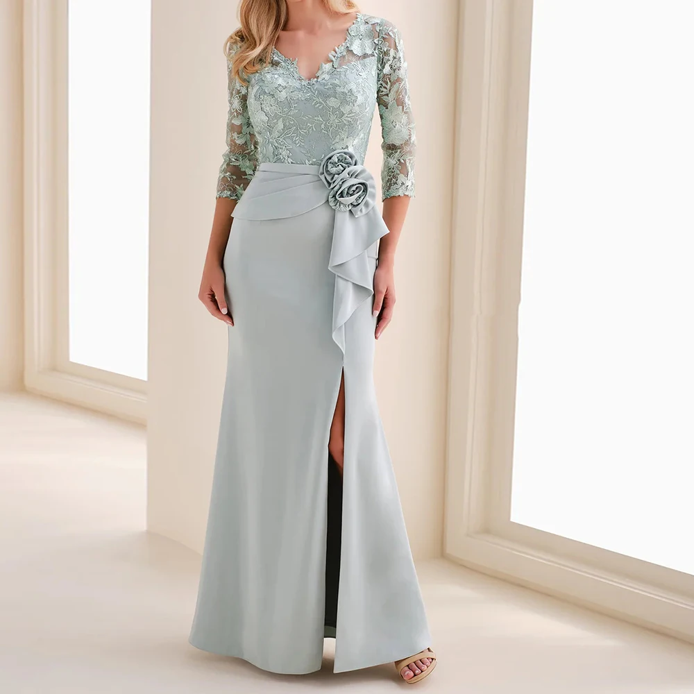 

Customized A-line Evening Dresses Ankle-length V-neck Three Quarter Sleeve Prom Gown Fashion Lace Flowers Draped Party Gown