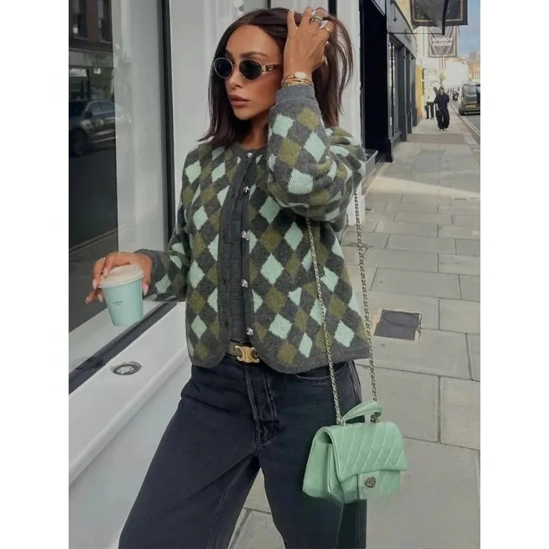 

Women's fashion single-breasted rhombus jacquard knitted jacket