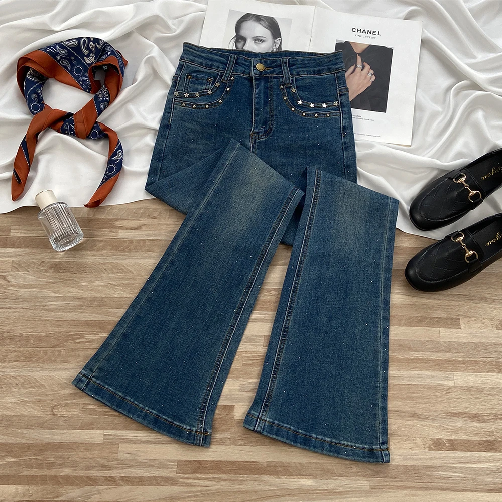 

Блестящие джинсы со звездами и заклепками для женщин, весенне-осенние потертые универсальные брюки с высокой талией в стиле ретро, джинсовые брюки