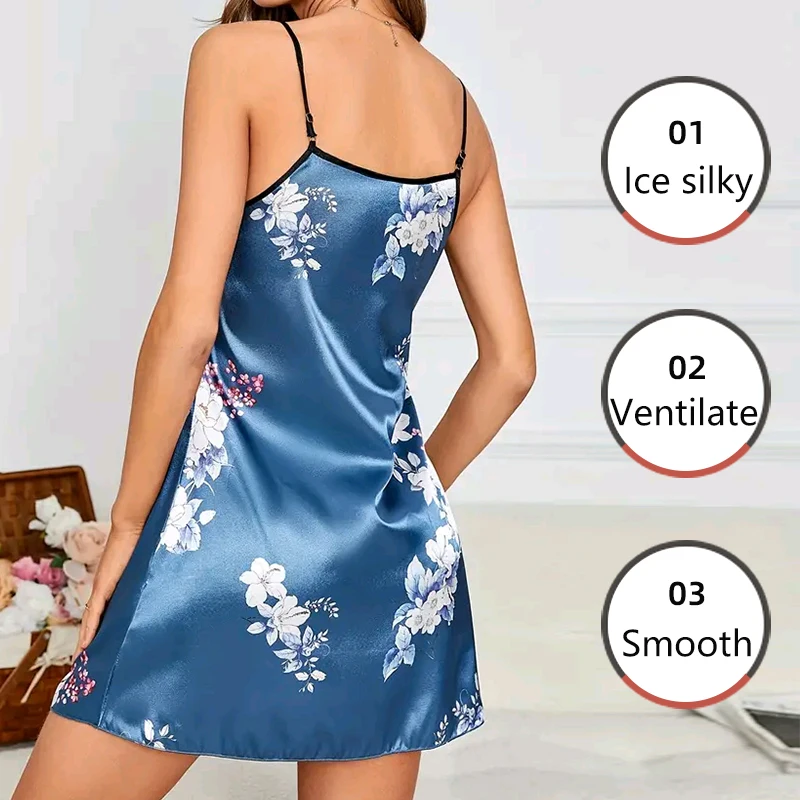 Women Pajamas Ice Silky Nightgowns Nightdress Slip Skirt S M L Blue Flower Printing Comfortable Ventilate Casual Fashion Summer