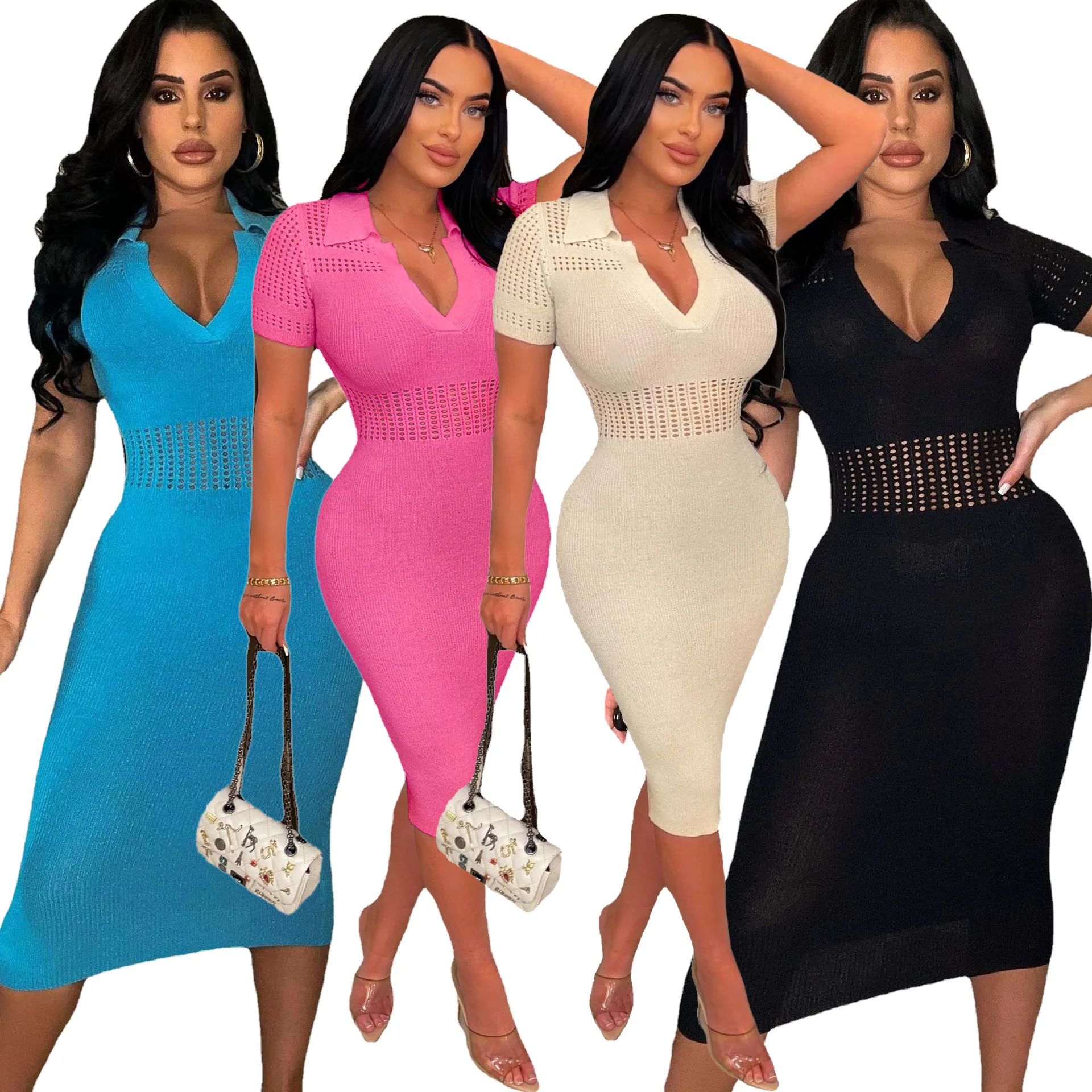 

Long Dress Women Knitted Dresses Hollow Out Vestidos High Waist Short Sleeve Elegant Hip Wrap Y2k Streetwear Party Club Sexy