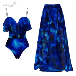Ruffle One Piece Swimsuit and Skirt Blue Swimwear 2025 Female Vocation Bathing Suit Beachwear Beach Dress Frill Sarong  Cove-Up