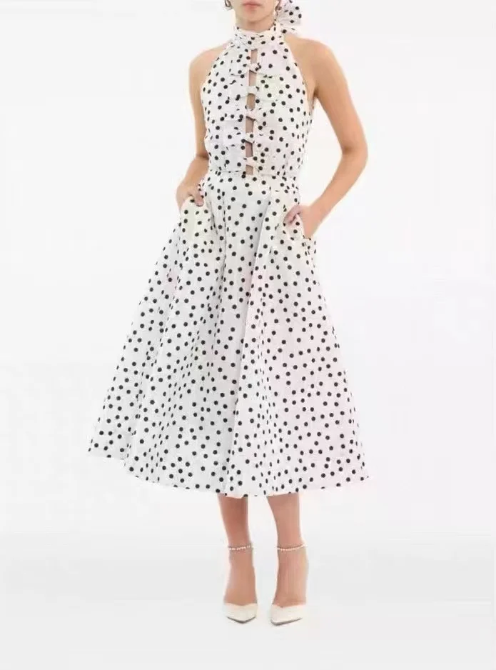 

Летнее платье Z Home класса люкс с принтом в горошек, ажурными вставками, сексуальным узлом на талии и А-силуэтом, длиной миди