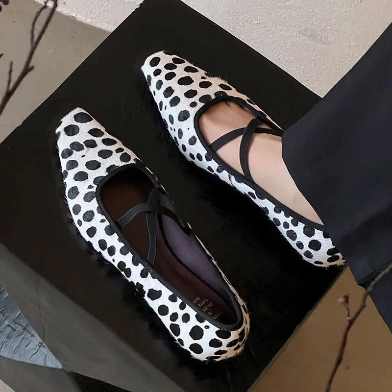 Black White Dots Women Shallow Ballet Flats Square Toe Elastic Cross Band Ballerine Creeper Beige Leather Chic Work Moccasins