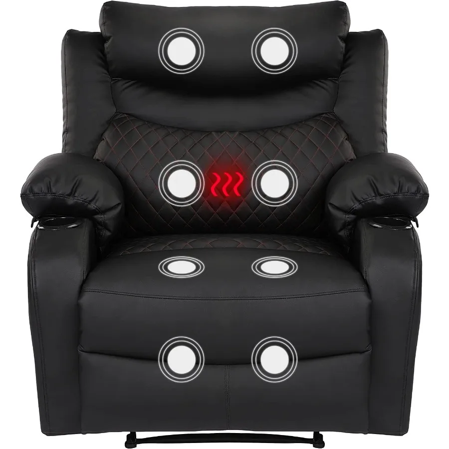 Faux Leather Black Recliner Chair with Massage and Heat Wide Seat Manual Reclining Chair with Cup Holders Heated Massaging Recl