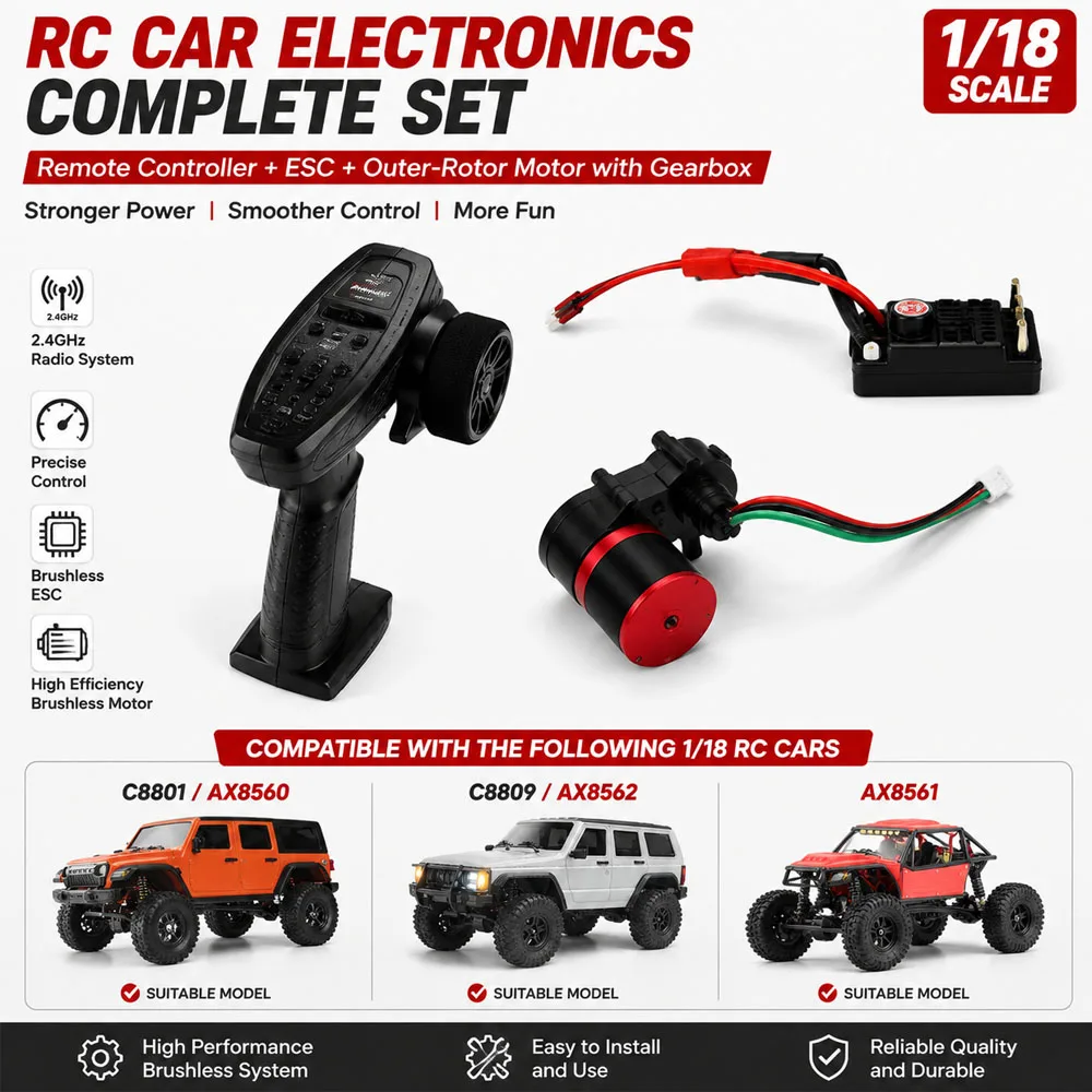 RC Car Electronics Set Remote Controller ESC Outrunner Motor With Gearbox For 1/18 C8801 C8809 AX8560 AX8562 AX8561 RC Car Parts