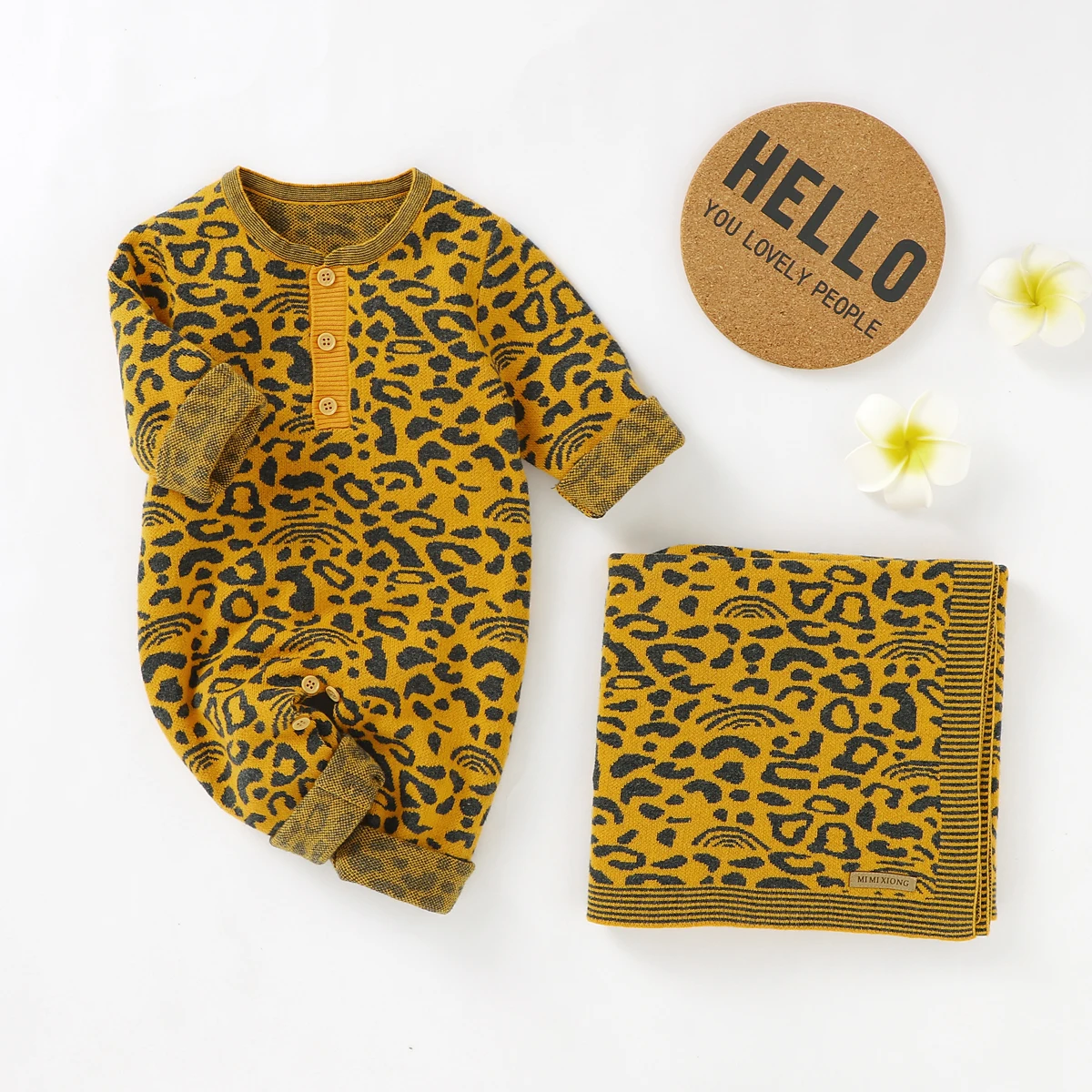 Cotton Baby Romper Blanket Knit Newborn Girl Boy Long Sleeve Jumpsuit Quilt 100*80CM Infant Clothes Set Fashion Leopard Print 2p