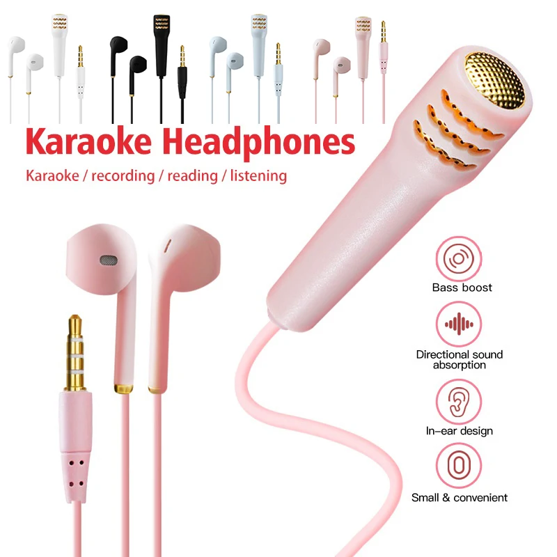 1pc Earphone 3.5mm Portable Karaoke Mic All-in-one Mini Stereo Wired Headphone In-Ear Headset Singing Artifact Universal Phone