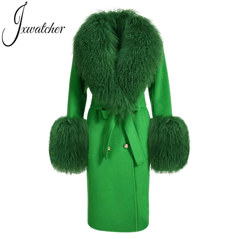 Wool Cashmere Coat Women with Luxury Real Mongolian Sheep Fur Collar Ladies Double Faced Coat Belt Winter Autumn Long Trench