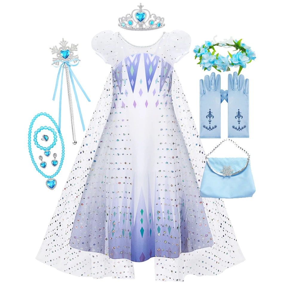 

2024 Elsa Cosplay Costume Fancy Snow Queen for Baby Girls Princess Dress Toddler Halloween Cosplay Party Vesidos for 2-10 Y