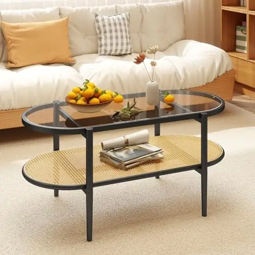 Boho Oval Coffee Table - 4-Tier Tempered Glass Tabletop with Acacia Wood Frame and PE Rattan Storage Shelf - Modern