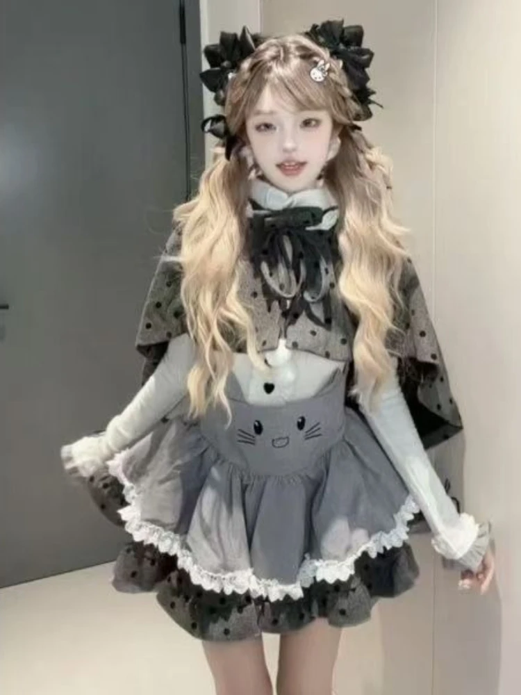 الحلو فتاة الشتاء عباءة مقوس دانتيل اليابانية موضة تنورة دعوى 2026 جديد Kawaii لوليتا القط الأذن الزي مجموعة المرأة مقنعين الرأس مجموعة #6