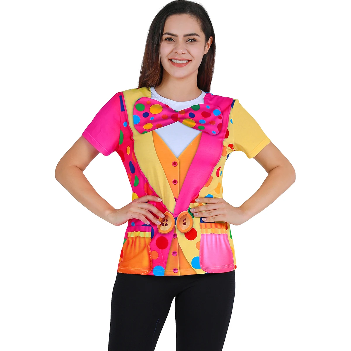 Women Clown Costume Circus Shirt Adult Lady Halloween Carnival Outfit Oversize Bow Graphic O Neck 3D Print Colorful Short Sleeve