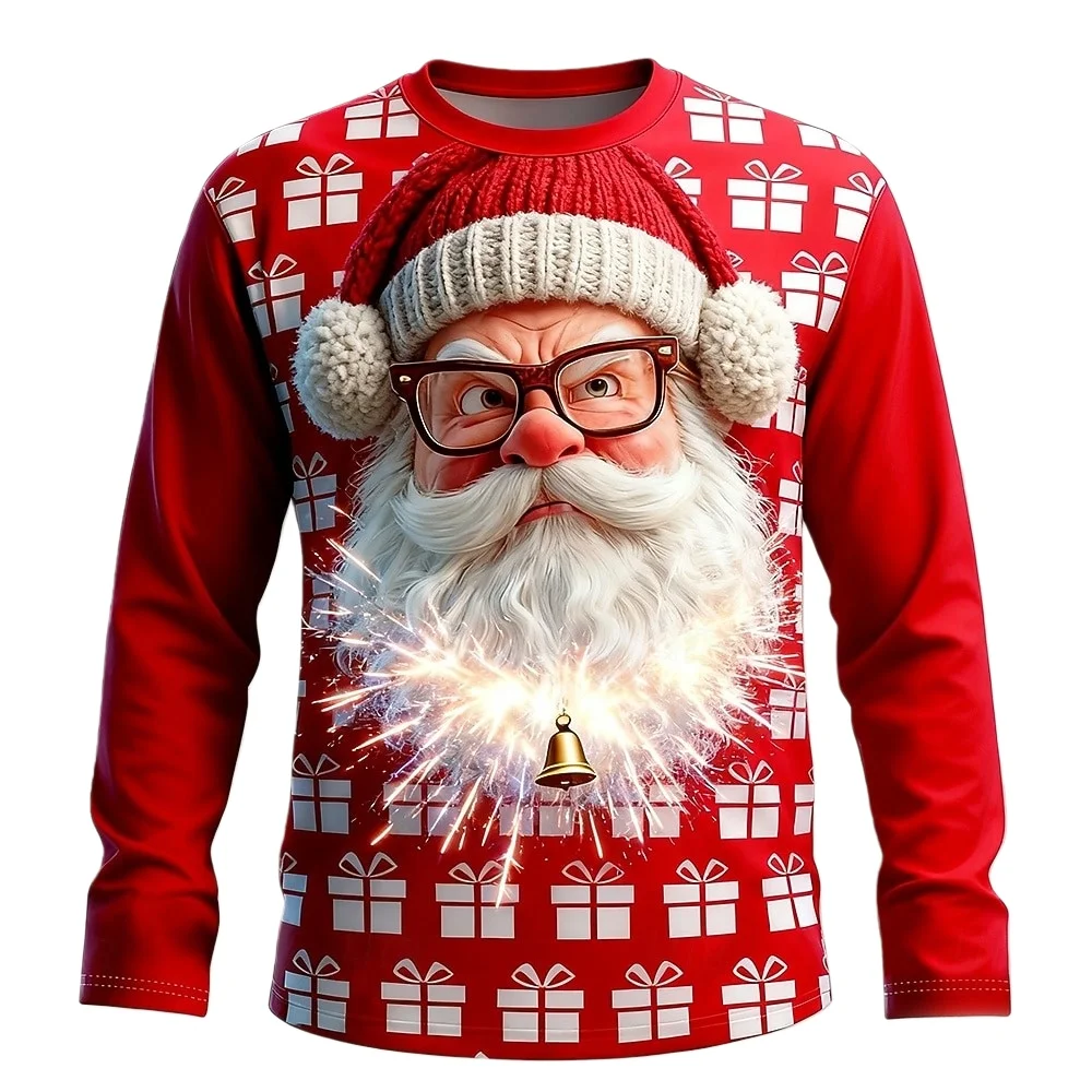 

Cute Santa Claus Printed T-shirt Daily Casual Long Sleeve Tee Christmas Party Clothing Spring Autumn O-neck Tops Stripe Pullover