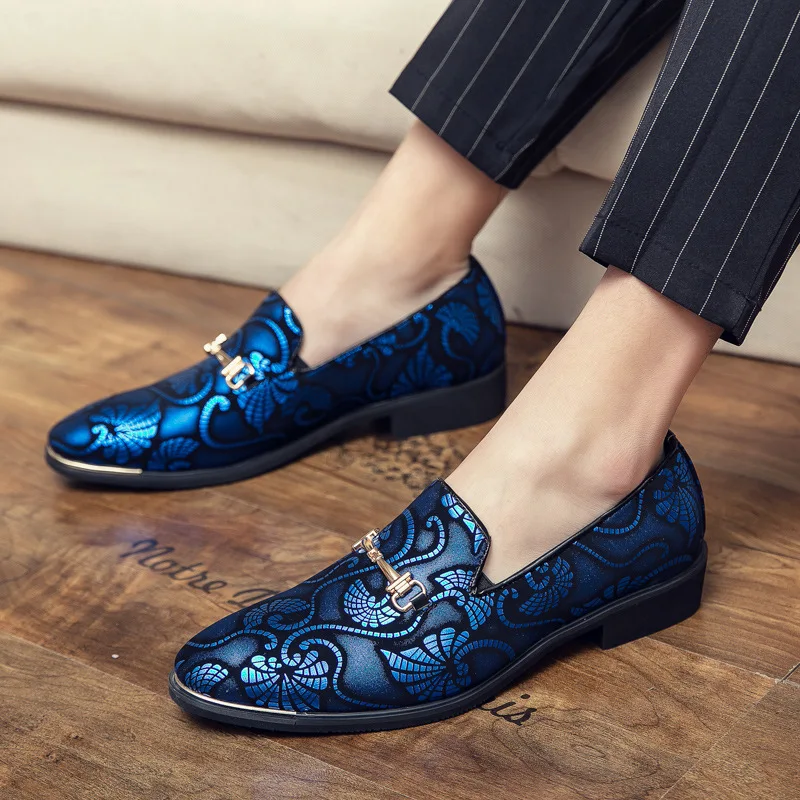 New Men Dress Leather Shoes For Male Luxury British Gold Blue National Pattern Oxfords Classic Gentleman Wedding Prom Shoes