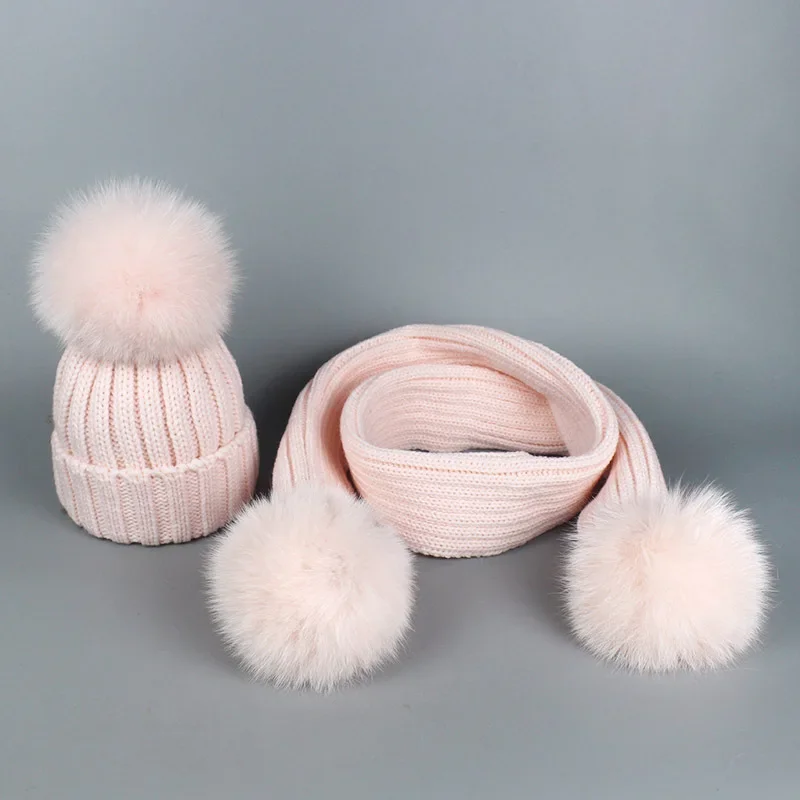 Winter Hat Scarf Set Women Real Fox Fur Pompom Ball Beanies Child Warm Knitted Wool Hat Skullies Girls Boys Bonnet