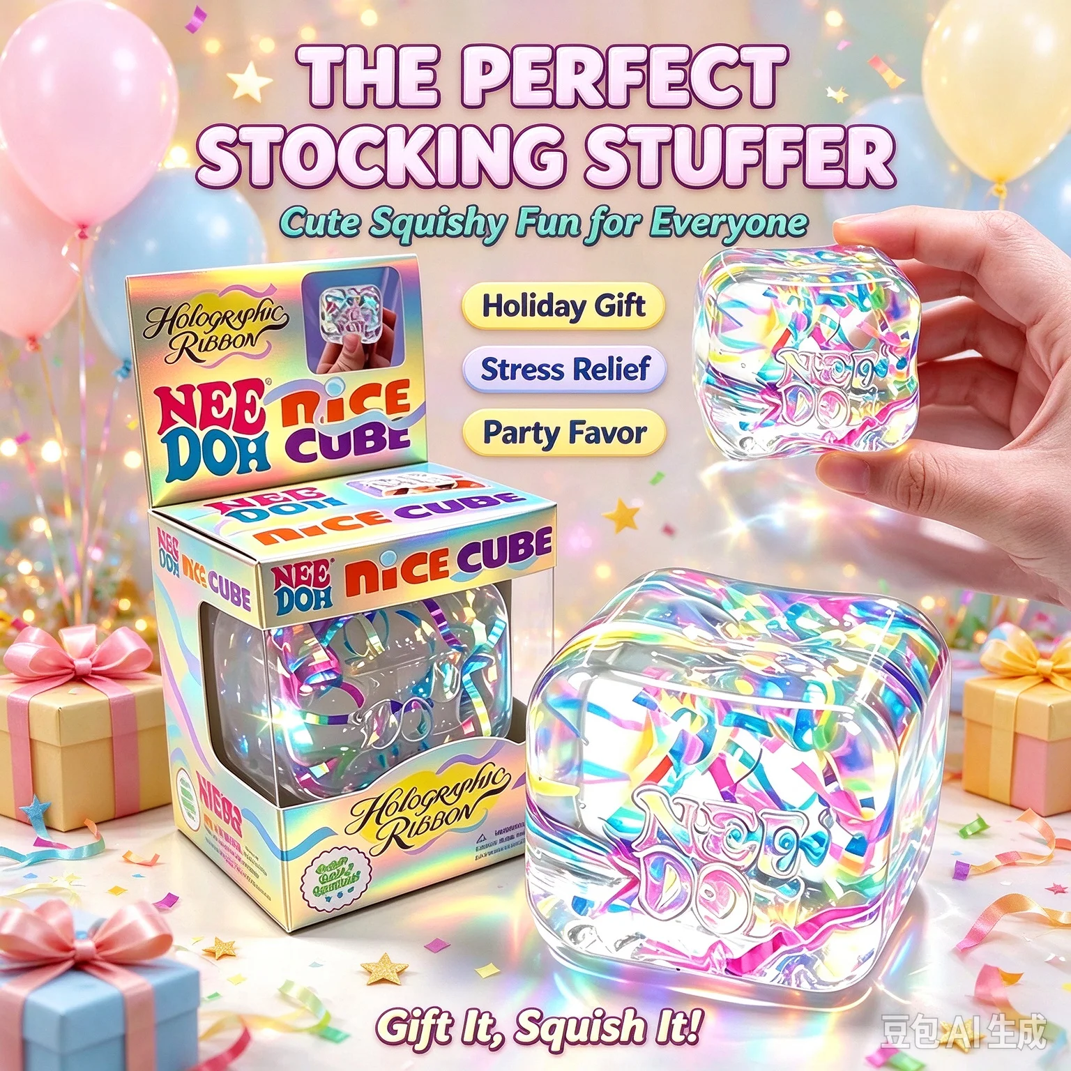Hot NeeDoh Nice Cube Fidget Squishy Cube Toy Holographic Ribbon Inside Stress Relief Squeeze Toy Party Favor Gift