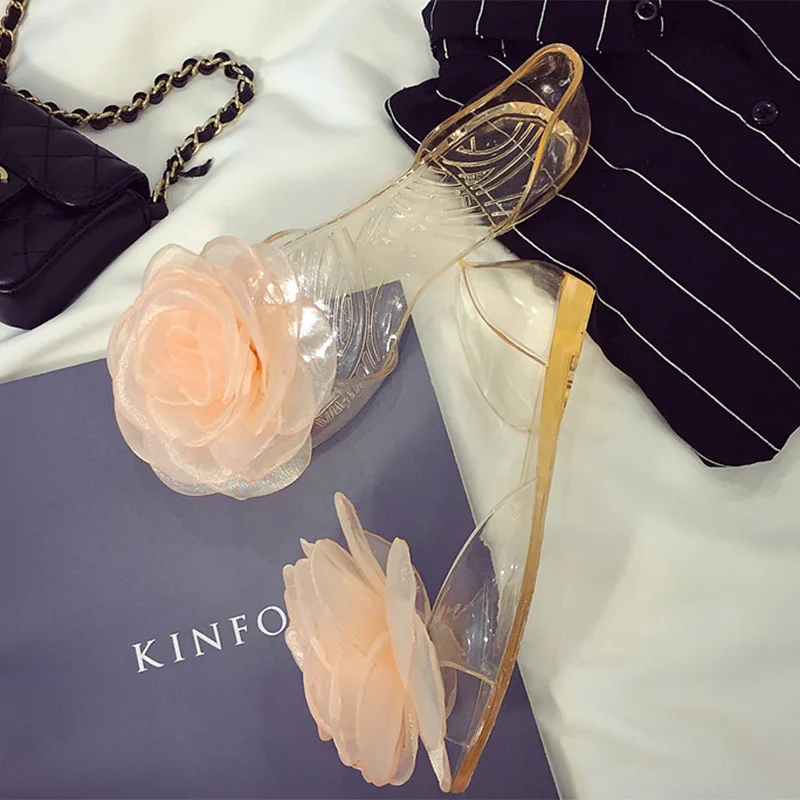 Elegante Koreanische Chiffon-Blumen-Jelly-Schuhe für Damen 2026 Sommer Mode Transparente Kristall-Outdoor-Flachsandalen zum Hineinschlüpfen Größe 35-41