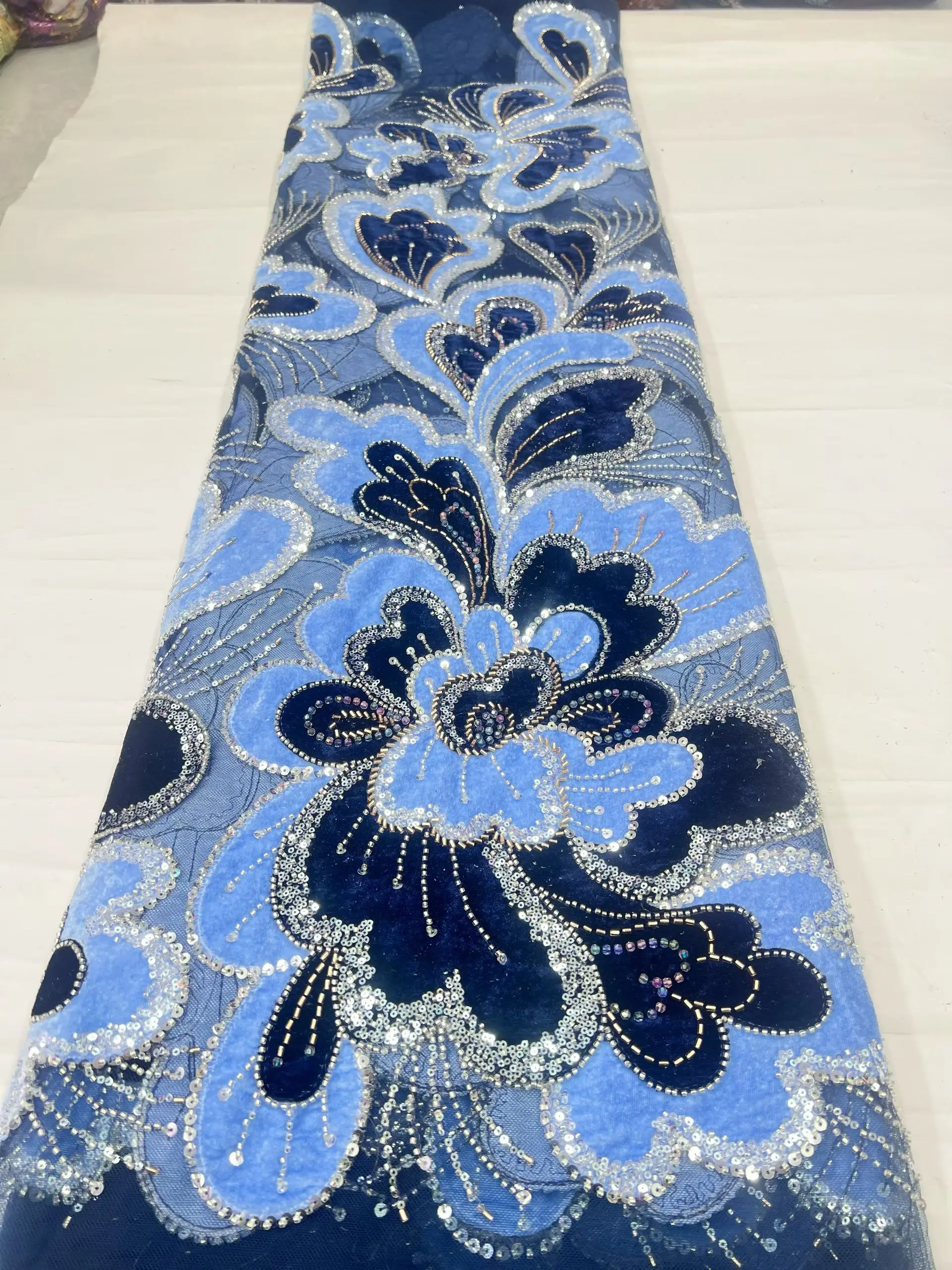 Top Grade High-Quality African Nigerian velvet lace fabric Sequins Beads Guipure For Sewing Wedding / Prom Party Dress 5 Yards